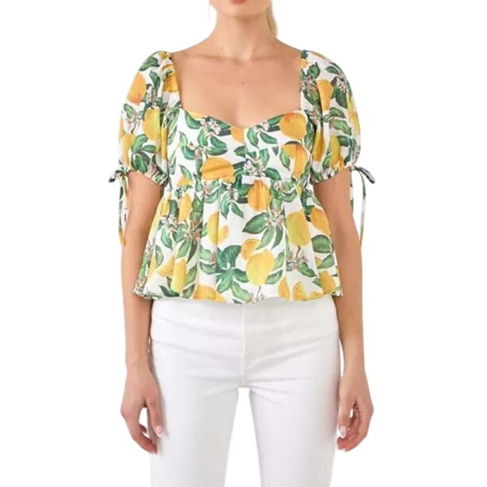 English Factory Lemon Print Puff Sleeve Peplum Top 1X Fruit Coastal Feminine